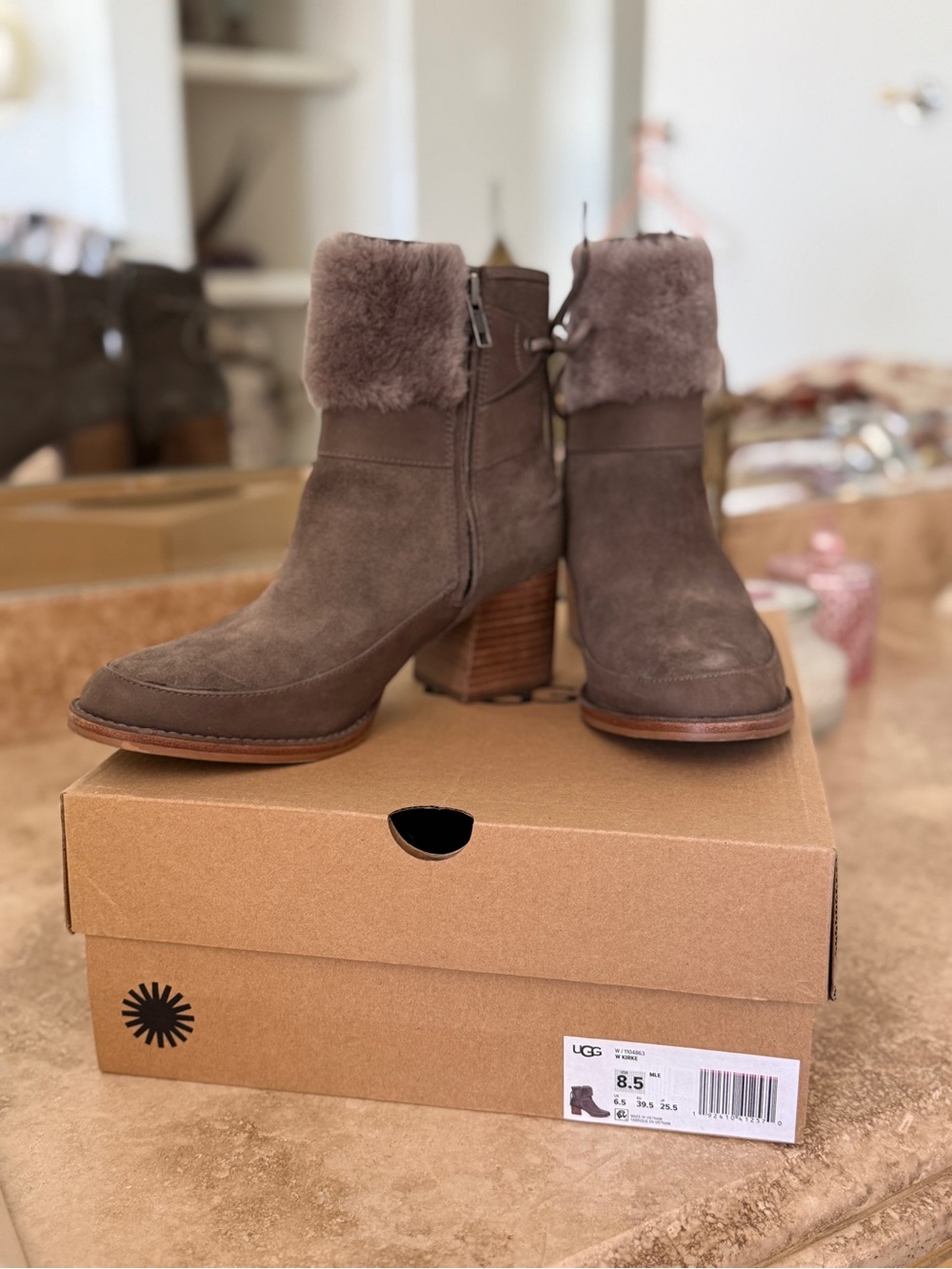 UGG Women's Brown Suede Shearling-Cuff Block Heel Ankle Boots